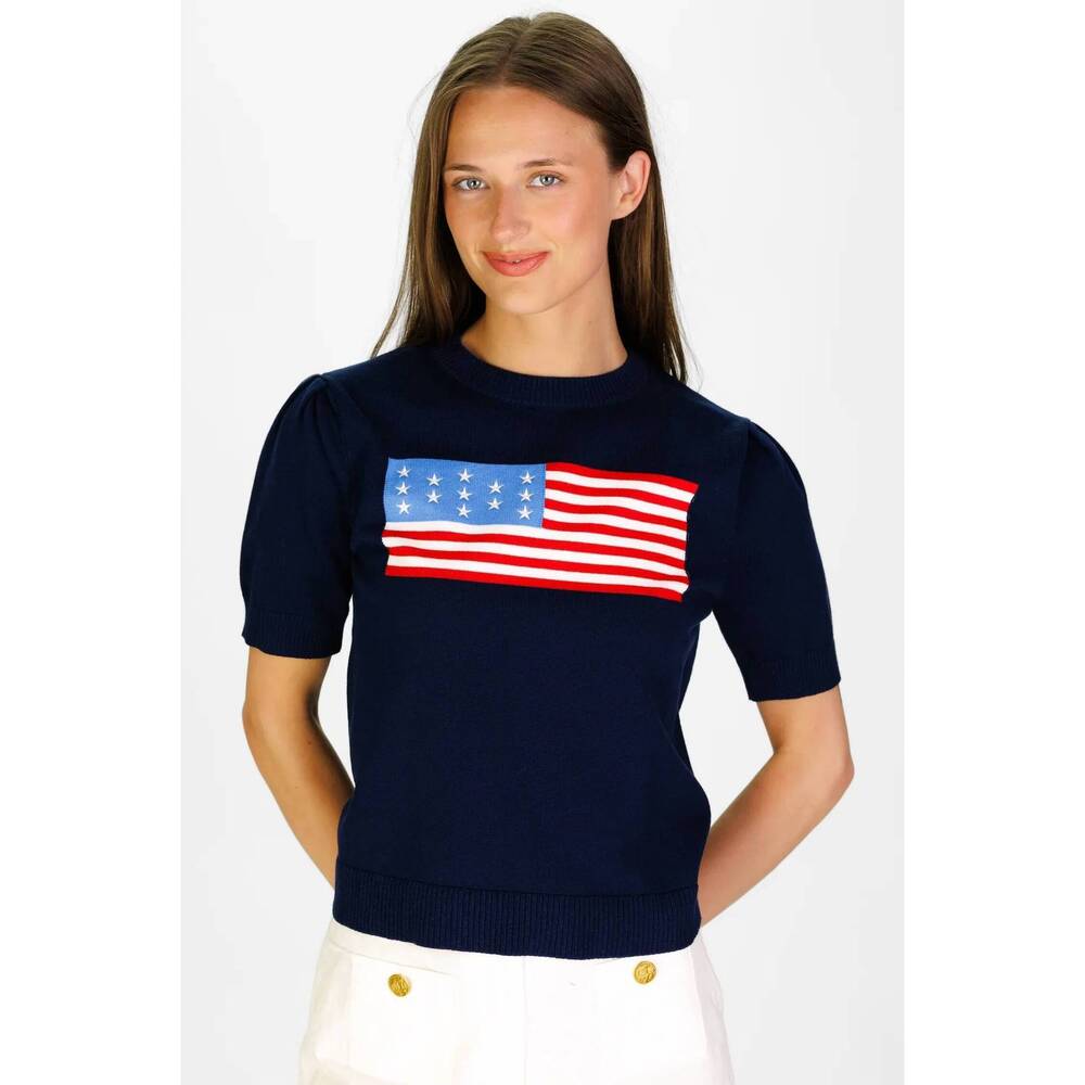 NEW DUFFIELD LANE puff sleeve flag sweater in navy